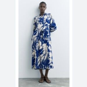 Zara Blue and White Patterned Long Sleeve Dress
